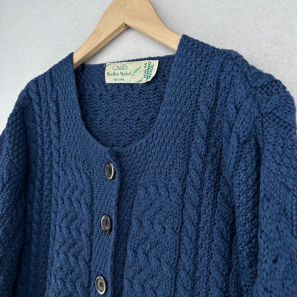 QUILLS Cardigan Womens M 100% Merino Wool Button Up Cable Fisherman Blue Ireland - Picture 5 of 12